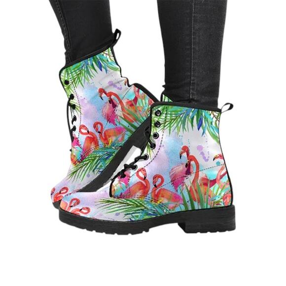 Tropical Flamingo Vegan-Friendly Leather Woman Premium Statement Boots Size 5.5 - Picture 1 of 8